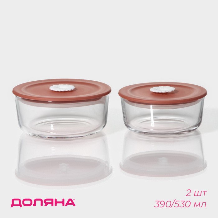 Контейнеры Доляна «Коралл», 390/530 мл, набор 2 шт., с крышкой, стекло, прозрачные - Фото 1