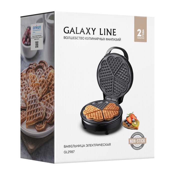 Вафельница электрическая Galaxy LINE GL 2987, 1200 Вт, антипригарное покрытие, чёрно-серая