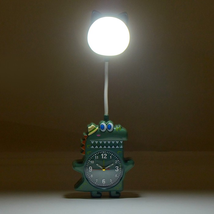 Часы-светильник "Динозавр", плавный ход, 2 АА, USB