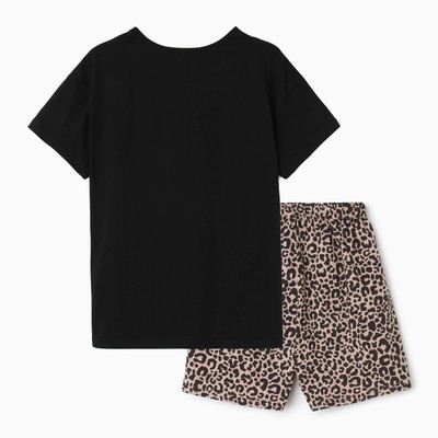 Комплект женский домашний (футболка/шорты), цвет чёрный/леопардовый, размер 42