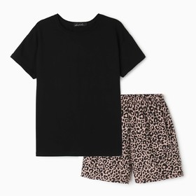 Комплект женский домашний (футболка/шорты), цвет чёрный/леопардовый, размер 48