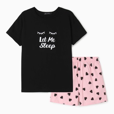 Комплект женский домашний (футболка/шорты), цвет чёрный/розовый, размер 44