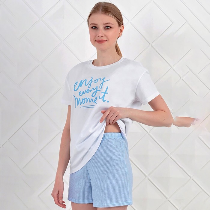 Комплект женский домашний (футболка/шорты), цвет белый/голубой, размер 42 - Фото 1