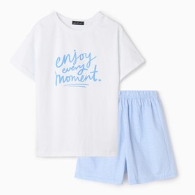 Комплект женский домашний (футболка/шорты), цвет белый/голубой, размер 42