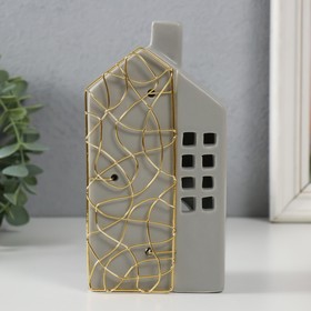 Подсвечник керамика, металл на 1 свечу "Дом" серый с золотом 9х6,3х16,7 см