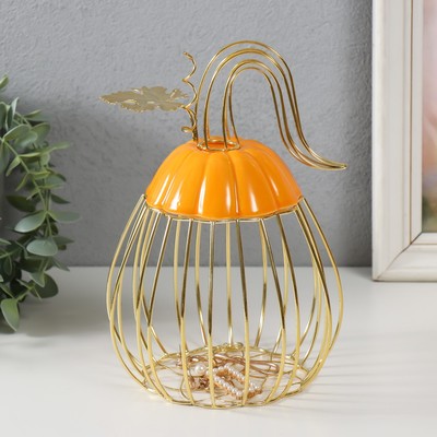 Фигурка-вазон «Тыква с листочком», подставка, металл, керамика, оранжевая с золотом, 14.3×14.3×21 см