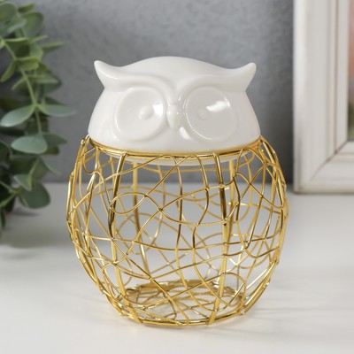 Шкатулка для хранения мелочей, украшений «Филин. Каракули», металл, керамика, белая, 10×10×11.5 см