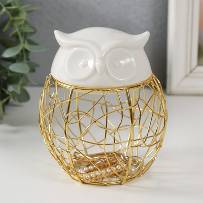 Шкатулка для хранения мелочей, украшений «Филин. Каракули», металл, , керамика, белая, 10×10×11.5 см