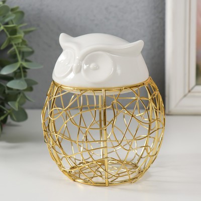 Шкатулка для хранения мелочей, украшений «Филин. Каракули», металл, , керамика, белая, 10×10×11.5 см