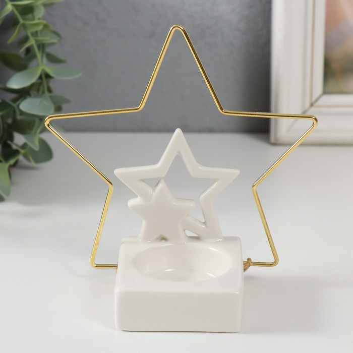 Подсвечник керамика, металл на 1 свечу "Звёзды" белый с золотом 13,4х6,5х13,2 см - Фото 1