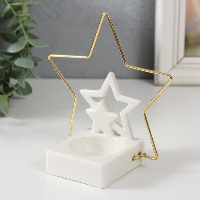 Подсвечник керамика, металл на 1 свечу "Звёзды" белый с золотом 13,4х6,5х13,2 см - фото 1899182612