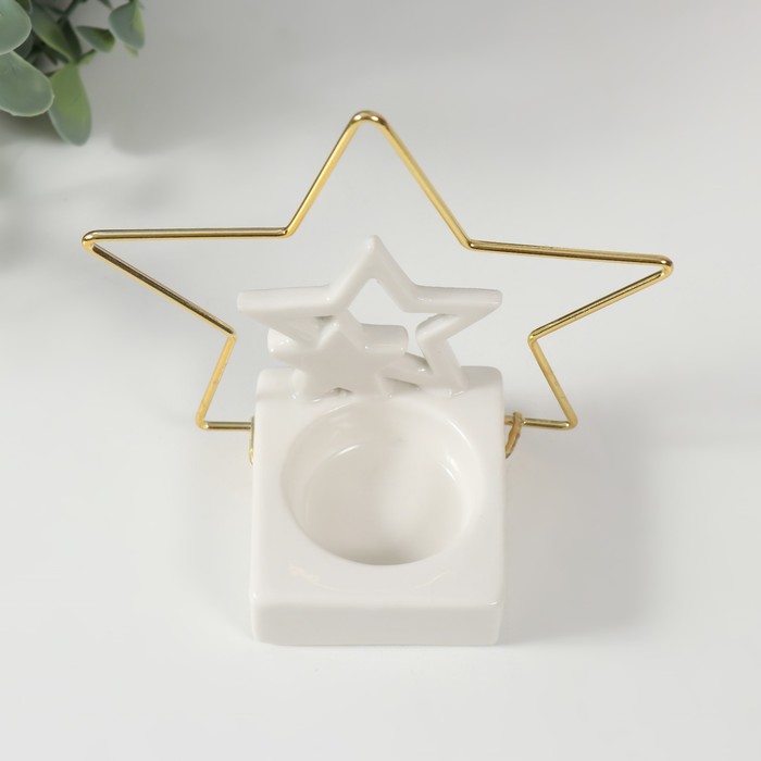 Подсвечник керамика, металл на 1 свечу "Звёзды" белый с золотом 13,4х6,5х13,2 см - фото 1899182613