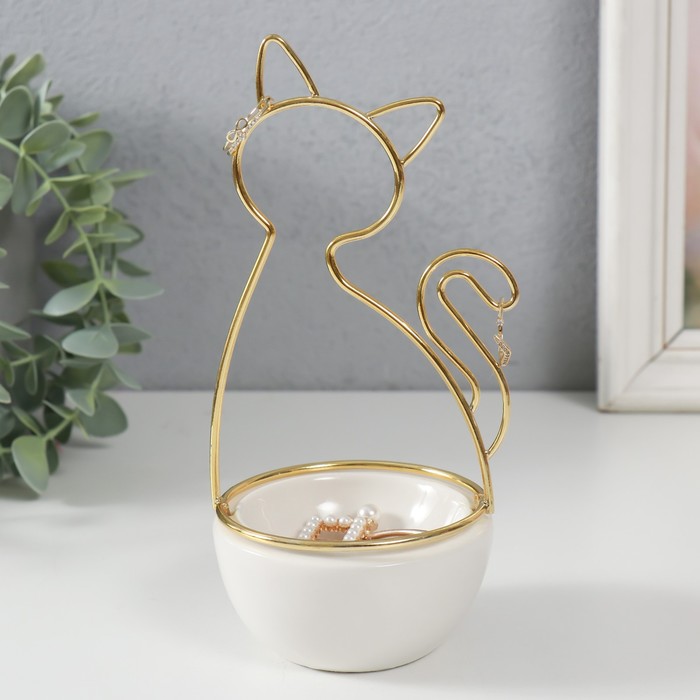 Сувенир керамика, металл подставка "Кошка" белая с золотом 9,8х8,3х17,7 см - Фото 1