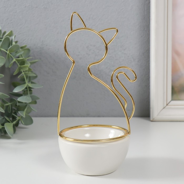 Сувенир керамика, металл подставка "Кошка" белая с золотом 9,8х8,3х17,7 см