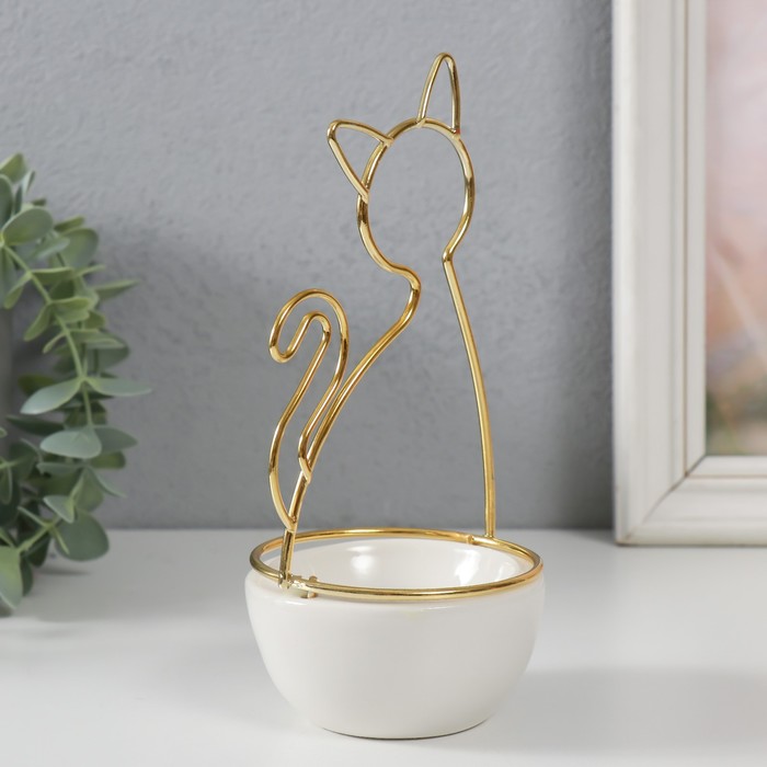 Сувенир керамика, металл подставка "Кошка" белая с золотом 9,8х8,3х17,7 см