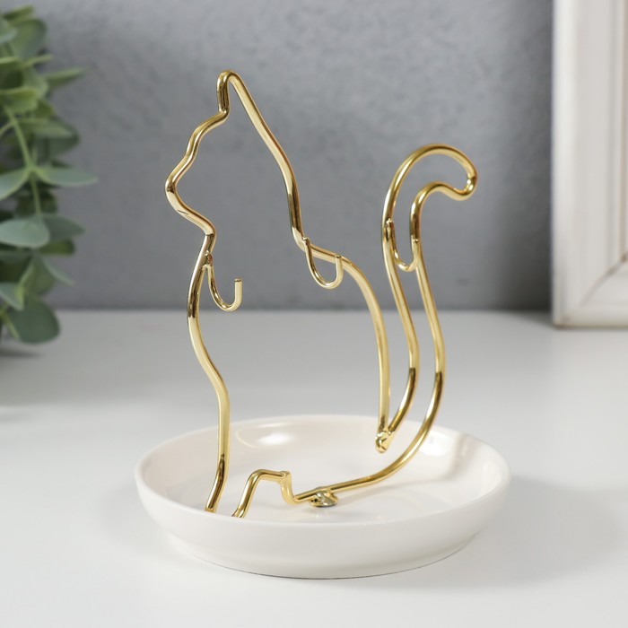 Сувенир керамика, металл подставка "Кошка" белая с золотом 10,5х10х12,5 см
