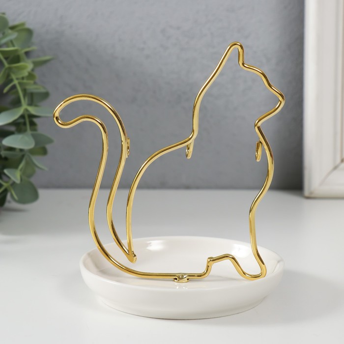 Сувенир керамика, металл подставка "Кошка" белая с золотом 10,5х10х12,5 см