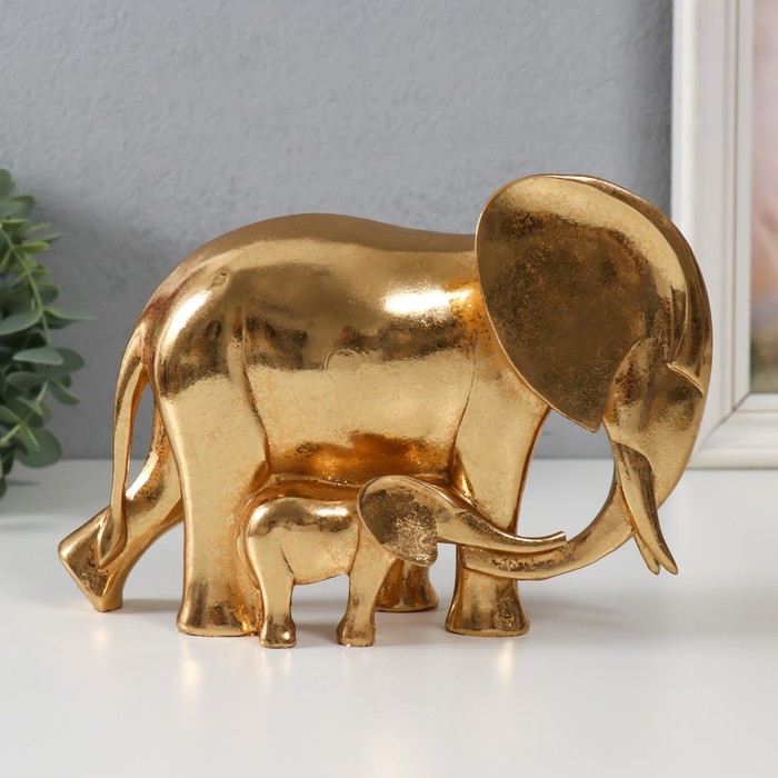 Сувенир полистоун "Слониха со слонёнком - нежность" золото 21х8х14,5 см - Фото 1