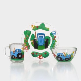 Набор стеклянной посуды «Синий трактор. Цифры», 3 предмета: кружка 250 мл, тарелка 19,5 см, салатник 12,8 см