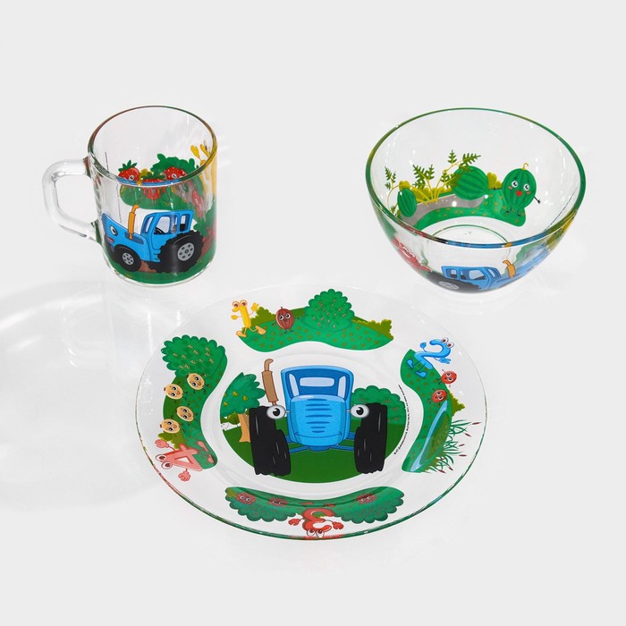 Набор стеклянной посуды «Синий трактор. Цифры», 3 предмета: кружка 250 мл, тарелка 19,5 см, салатник 12,8 см - фото 1907965313