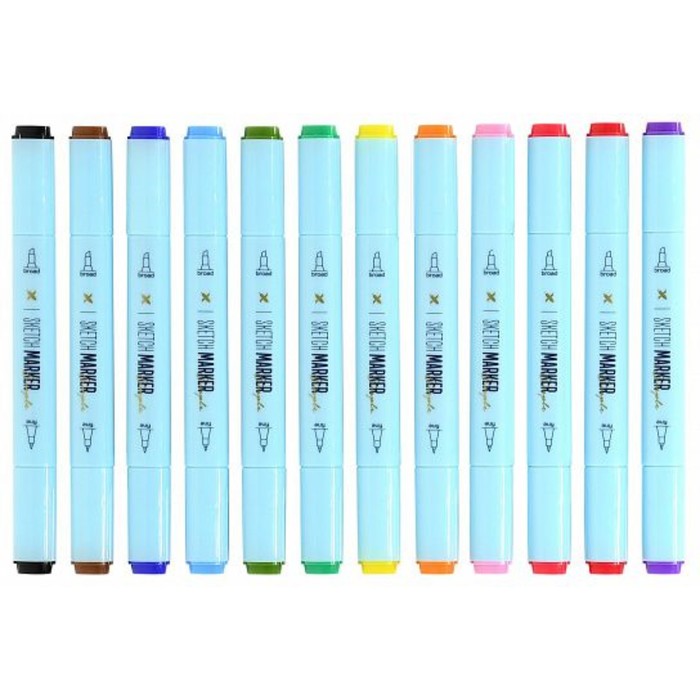 Набор маркеров художественных 12 цветов LOREX "SIMPLE BASE", двусторонние, наконечник: пулевидный (2.0 мм) и скошенный (6.0 мм), спиртовые - Фото 1