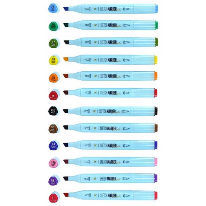 Набор маркеров художественных 12 цветов LOREX "SIMPLE BASE", двусторонние, наконечник: пулевидный (2.0 мм) и скошенный (6.0 мм), спиртовые