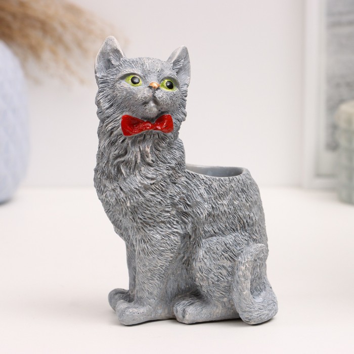 Ваза - карандашница "Кот с бантом" 15х12х10см, серый - Фото 1