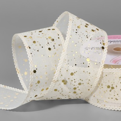 Лента декоративная, с глиттером, 38 мм, 9±0.5 м, бежевая, золотой