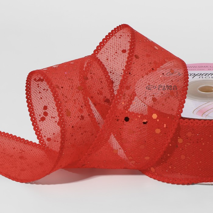 Лента декоративная, с глиттером, 38 мм, 9 ± 0,5 м, цвет красный - Фото 1