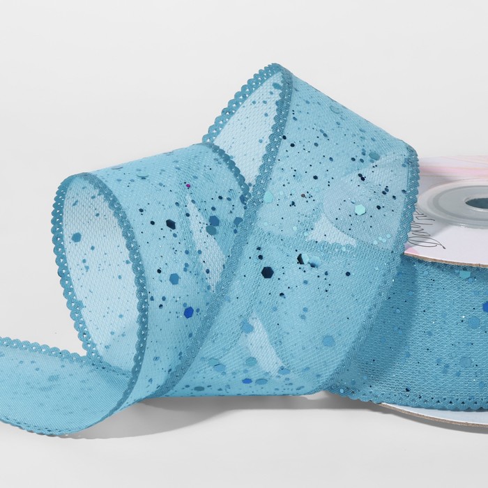 Лента декоративная, с глиттером, 38 мм, 9 ± 0,5 м, цвет голубой - Фото 1