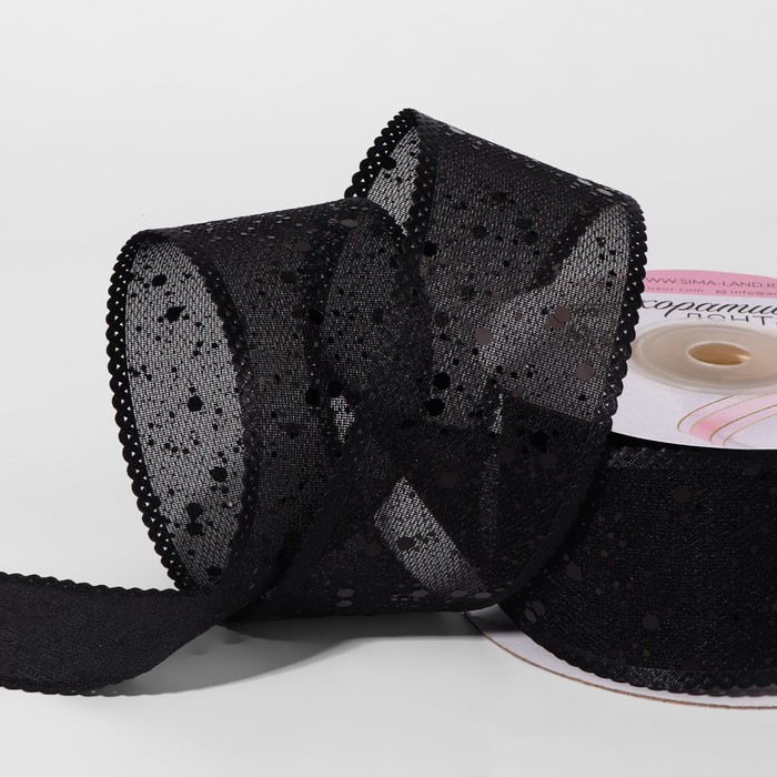 Лента декоративная, с глиттером, 38 мм, 9 ± 0,5 м, цвет чёрный - Фото 1