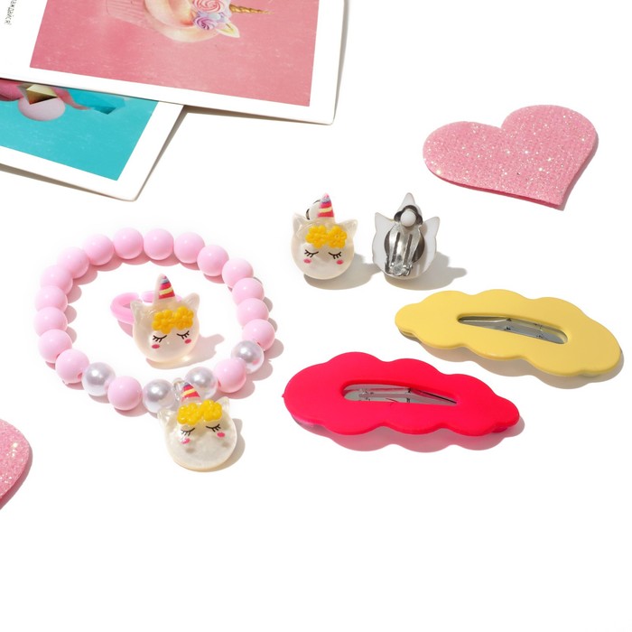 Комплект детский "Выбражулька" 5 предметов: 2 заколки, клипсы, браслет, кольцо, цветной