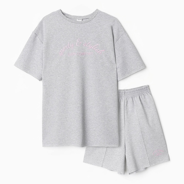 Комплект (футболка, шорты) женский MINAKU: SPORTY & STYLISH цвет светло-серый, р-р 48