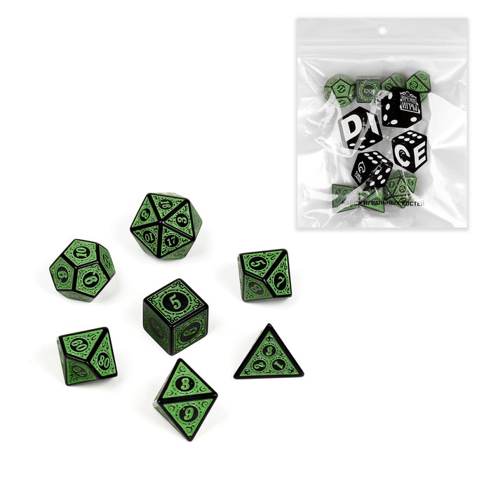 

Набор кубиков для D&D (Dungeons and Dragons, ДнД) "Время игры", серия: D&D, 7 шт, зеленые
