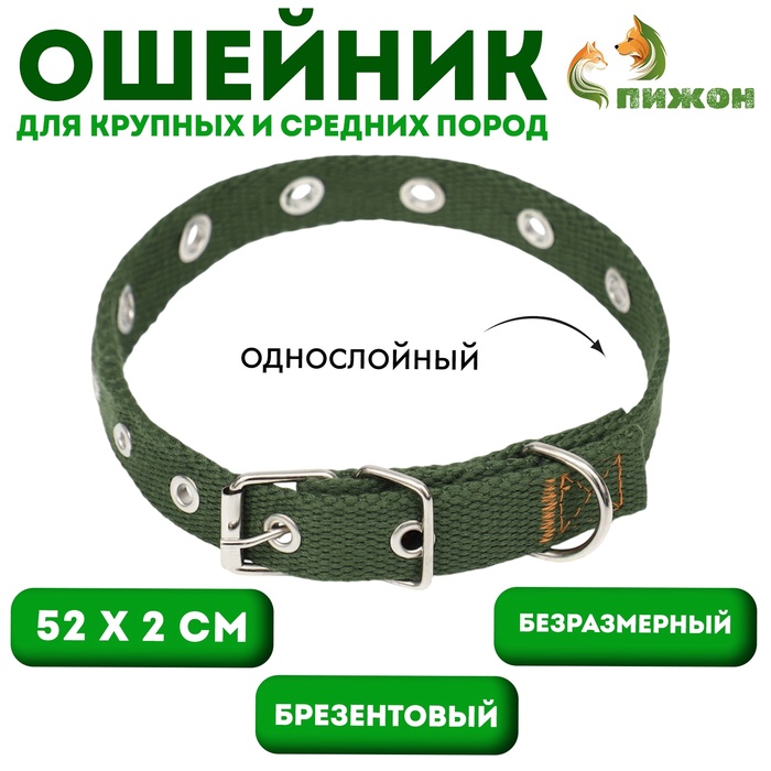 Ошейник брезентовый безразмерный однослойный, 52×2 см, тёмно-зелёный - Фото 1