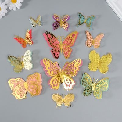 Набор наклеек для декора «Арт Узор. Бабочки двойные крылья. Ажурные», картон, 12 шт., h=4-10 см