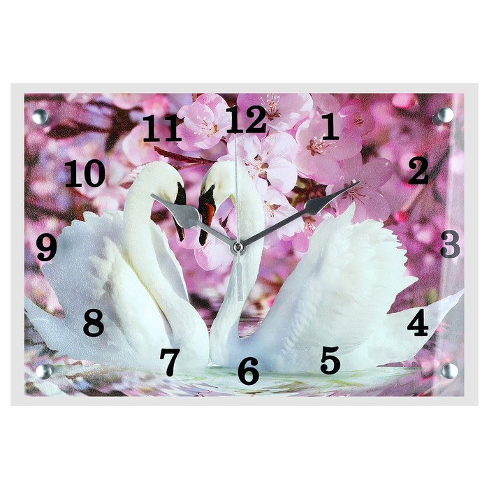 Часы-картина настенные, серия: Животный мир, "Два лебедя, сиреневые цветы", 25х35 см - фото 1905339239