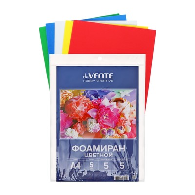 Фоамиран цветной A4 "deVENTE" 5 цветов х 5 листов, толщина 5 мм, пластиковый пакет с европодвесом