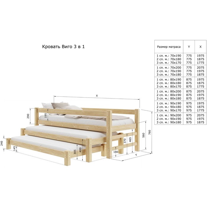 Кровать «Виго» с выдвижным спальным местом 3 в 1, 70 × 190 см, массив сосны, без покрытия - фото 1909432639