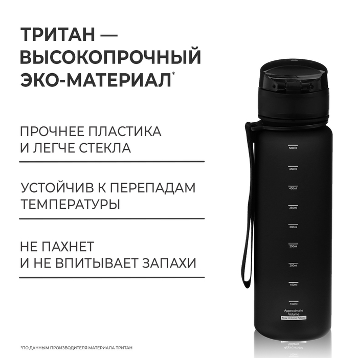 Бутылка спортивная для воды ONLYTOP, 500 мл, цвет чёрный