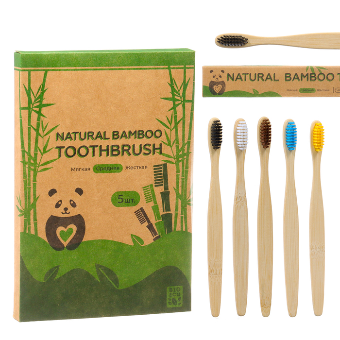 Зубная щетка бамбуковая средняя, 5 штук, микс цветов - Фото 1