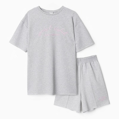 Костюм женский (футболка, шорты) MINAKU: SPORTY & STYLISH, светло-серый, размер 44