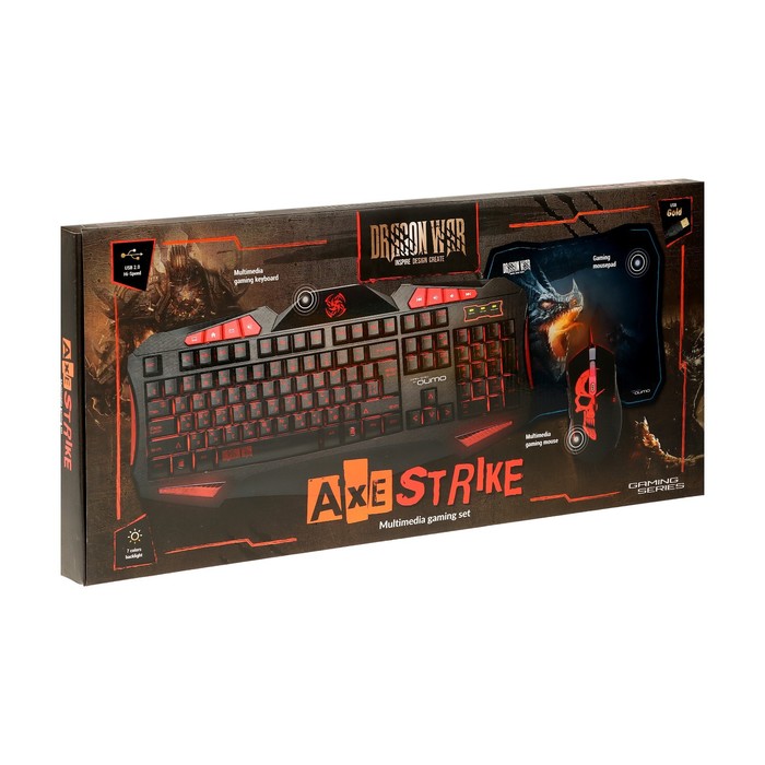 Игровой набор Qumo Axe Strike 3 в 1, клавиатура+мышь+ковер, проводной, 2400 dpi