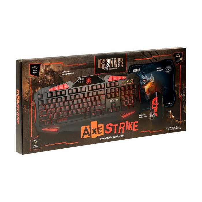 Игровой набор Qumo Axe Strike 3 в 1, клавиатура+мышь+ковер, проводной, 2400 dpi - фото 51502535