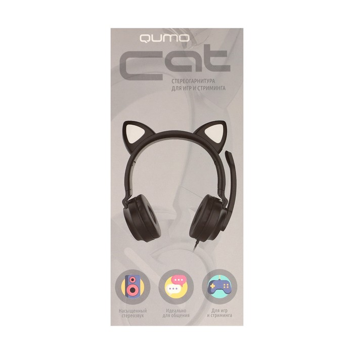 Наушники Qumo Game Cat Black, игровые, микрофон, USB+3.5 мм, 2м, чёрные - фото 51502574