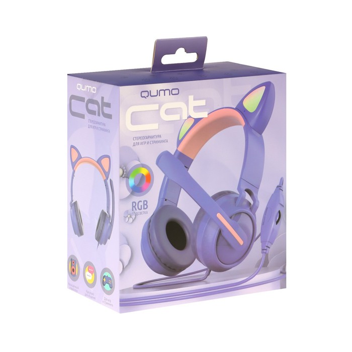Наушники Qumo Game Cat Purple, игровые, микрофон, USB+3.5 мм, 2м, фиолетовые - фото 51502588
