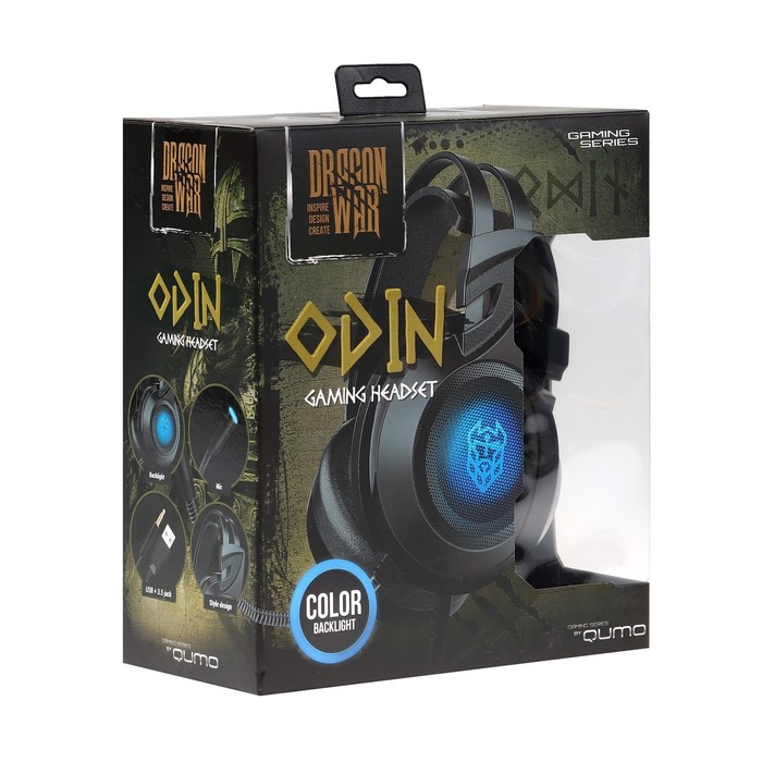 Наушники Qumo Odin, игровые, микрофон, 3.5+USB, 2.2м, подсветка, чёрные - фото 51502650