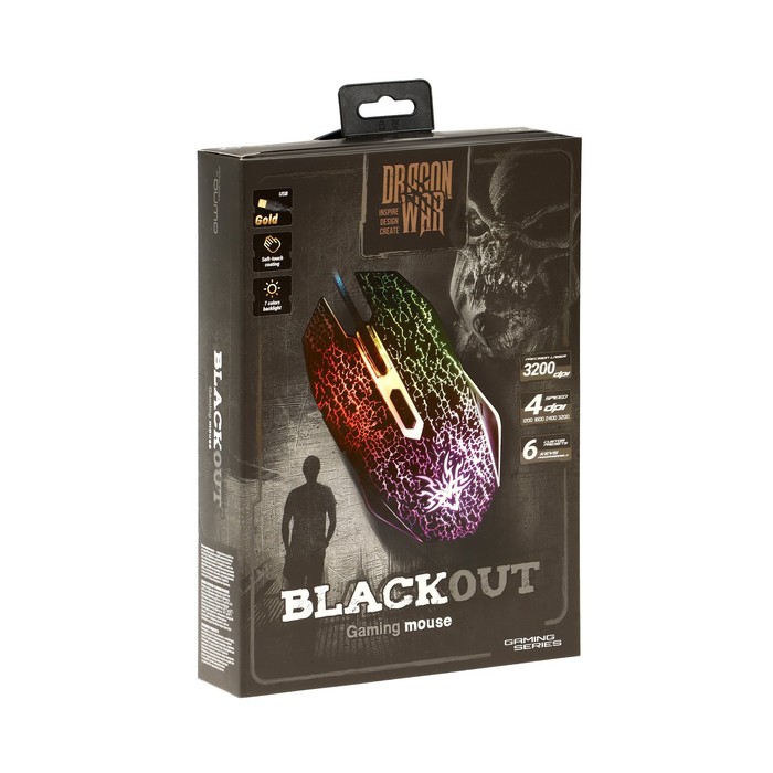 Мышь Qumo BlackOut M03, игровая, проводная, 6 кнопок, подсветка, 3200 dpi, USB, чёрная