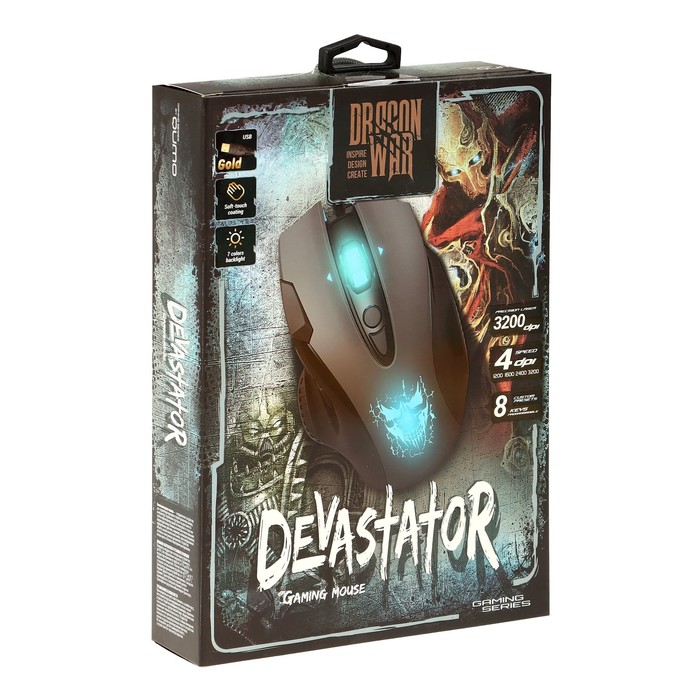 Мышь Qumo Devastator M12, игровая, проводная, 8 кнопок, подсветка, 2400 dpi, USB, чёрная