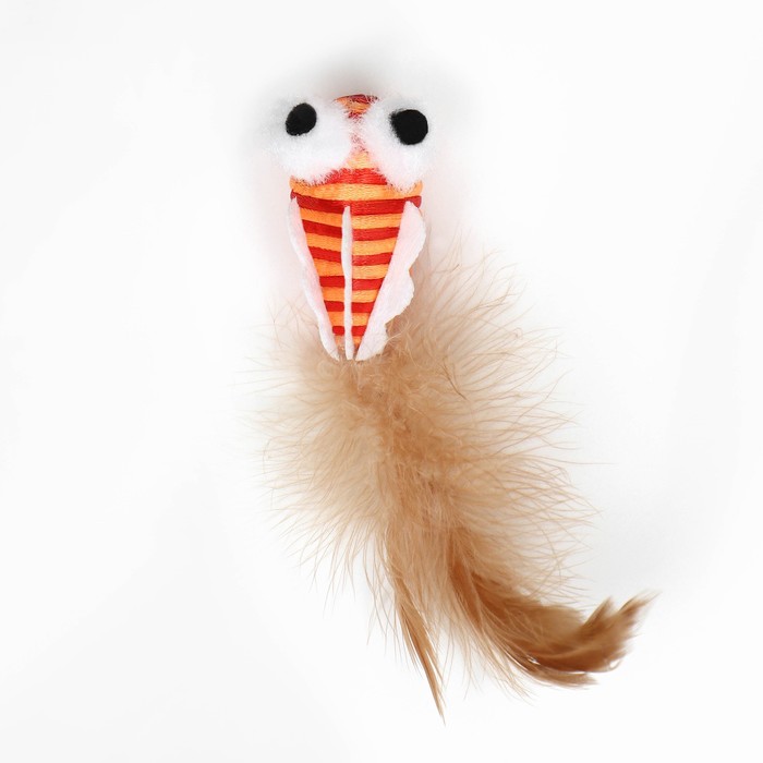 Игрушка для кошек "Полосатая рыба" с перьями, 5 см, оранжевая